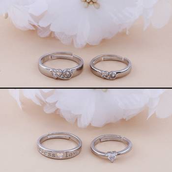 Party Wear  Adjustable Couple Rings Set for lovers Silver Plated Solitaire for Men and Women 2 Pair 2