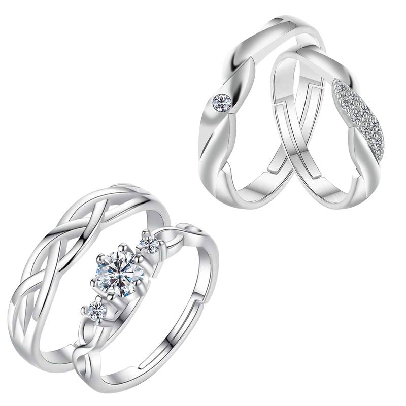 Adjustable Couple Rings Set for lovers Silver Plated Stylish Fancy  Solitaire for Men and Women 2 Pair