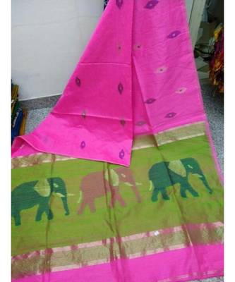 Pink Zari Work Cotto Silk Elephant Handloom Saree With blouse piece 1