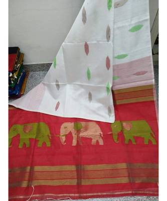 White Zari Work Cotto Silk Elephant Handloom Saree With blouse piece 1