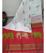 White Zari Work Cotto Silk Elephant Handloom Saree With blouse piece