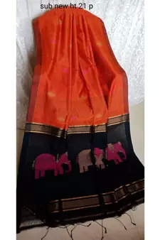 Orenge Zari Work Cotto Silk Elephant Handloom Saree With blouse piece