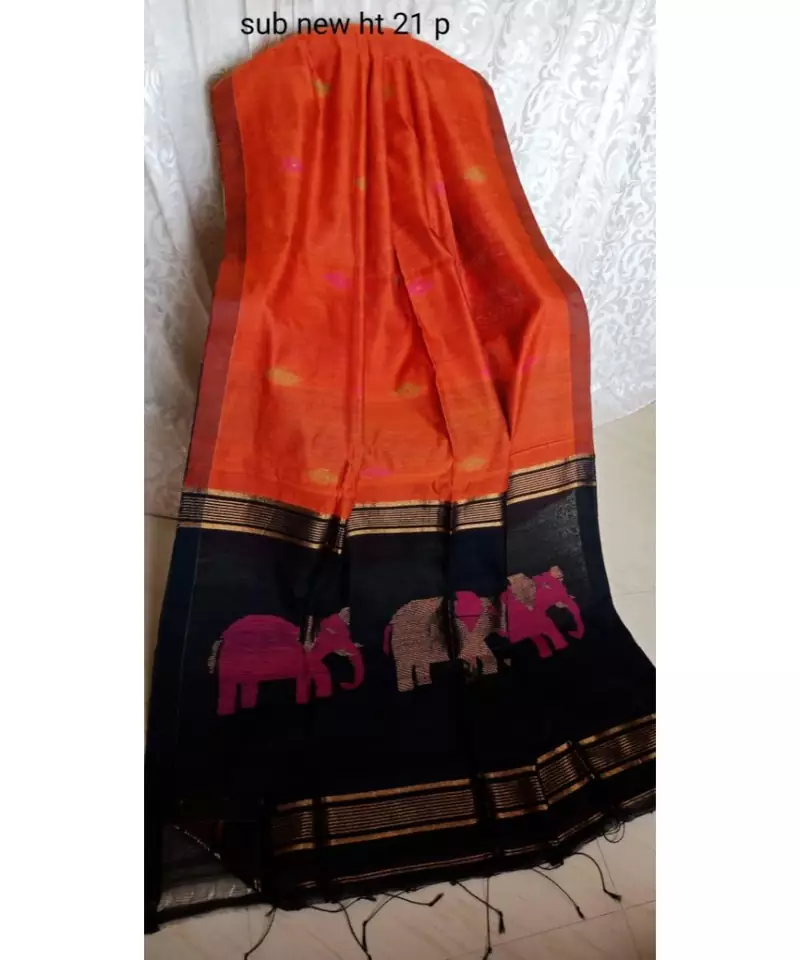 Orenge Zari Work Cotto Silk Elephant Handloom Saree With blouse piece