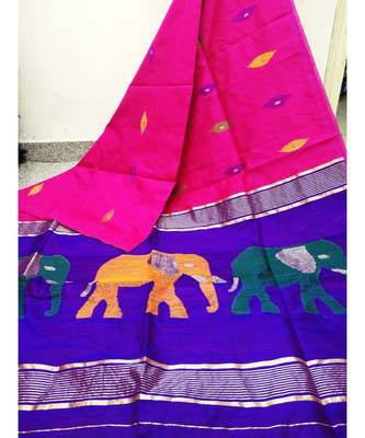 Pink Zari Work Cotto Silk Elephant Handloom Saree With blouse piece 1