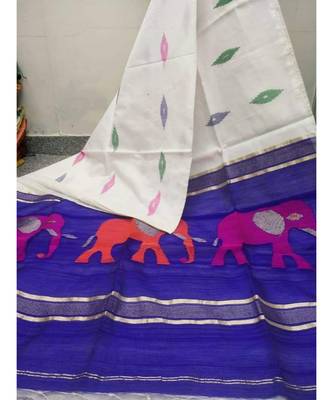 White Zari Work Cotto Silk Elephant Handloom Saree With blouse piece 1