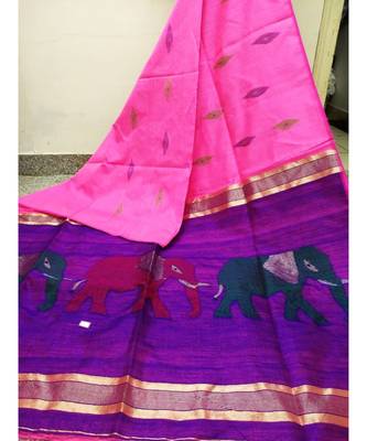 Pink Zari Work Cotto Silk Elephant Handloom Saree With blouse piece 1