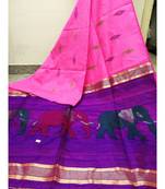 Pink Zari Work Cotto Silk Elephant Handloom Saree With blouse piece