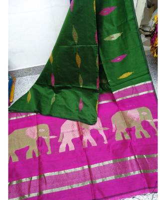 Green Zari Work Cotto Silk Elephant Handloom Saree With blouse piece 1