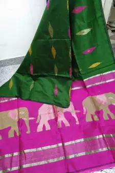 Green Zari Work Cotto Silk Elephant Handloom Saree With blouse piece