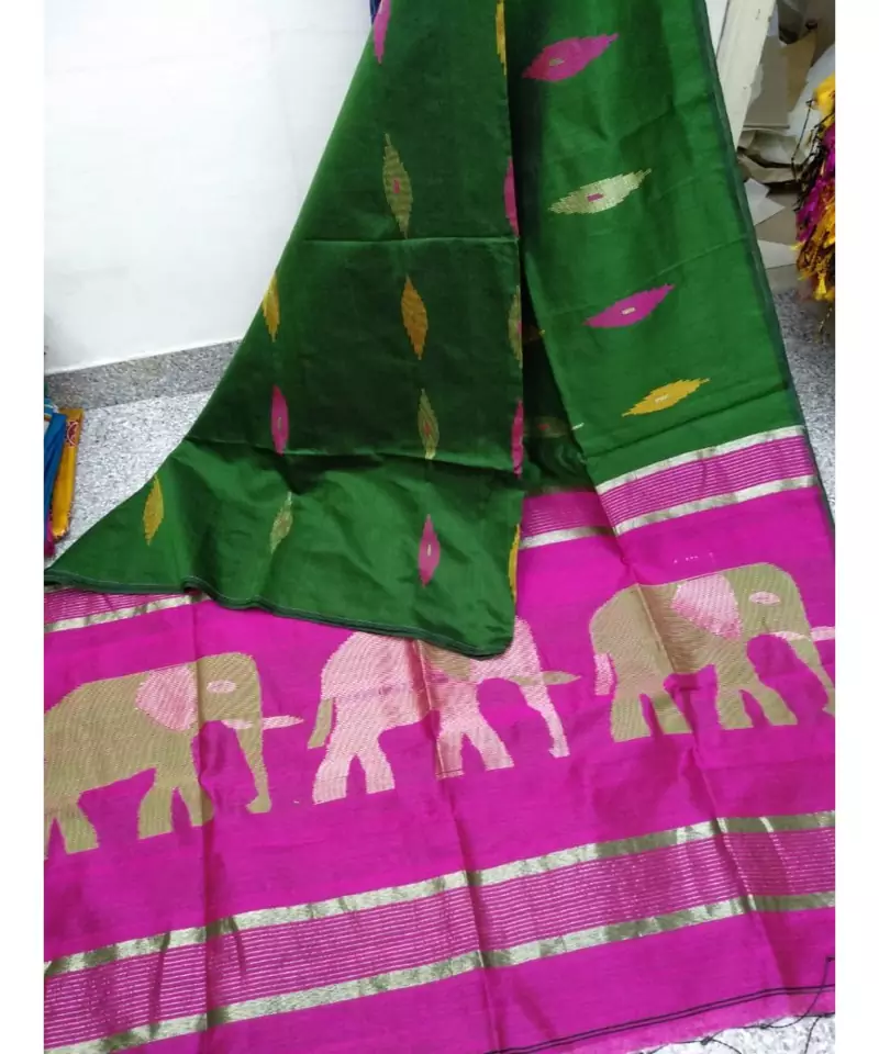 Green Zari Work Cotto Silk Elephant Handloom Saree With blouse piece