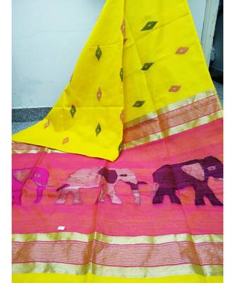 Yellow Zari Work Cotto Silk Elephant Handloom Saree With blouse piece 1