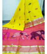 Yellow Zari Work Cotto Silk Elephant Handloom Saree With blouse piece