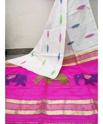 White Zari Work Cotto Silk Elephant Handloom Saree With blouse piece 1