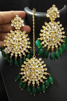 Emerald Green Pearl Kundan Earrings Tikka Set
