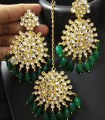 Emerald Green Pearl Kundan Earrings Tikka Set