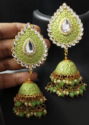 Mint Green Meenakari Huge Tilak Tops Jhumki Earrings Set 1