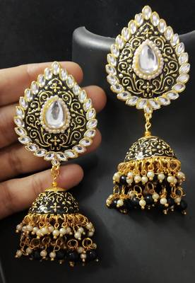 Black Meenakari Huge Tilak Tops Jhumki Earrings Set 1