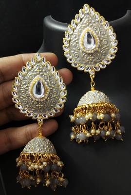 Grey Meenakari Huge Tilak Tops Jhumki Earrings Set 1