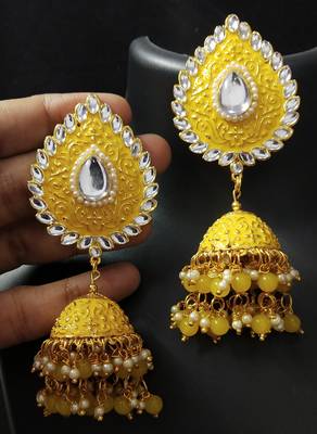 Yellow Meenakari Huge Tilak Tops Jhumki Earrings Set 1
