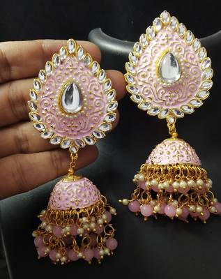 Pink Meenakari Huge Tilak Tops Jhumki Earrings Set 1