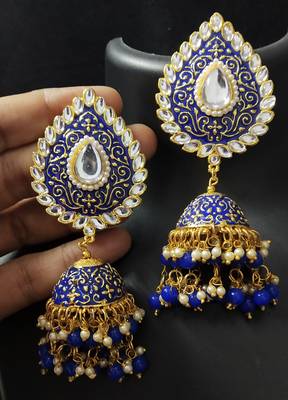 Royal Blue Meenakari Huge Tilak Tops Jhumki Earrings Set 1