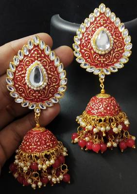 Bridal Red Meenakari Huge Tilak Tops Jhumki Earrings Set 1