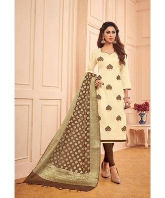 Sangam Prints Beige Glace Cotton Embroidered Unstitched Dress Material 1