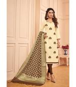 Sangam Prints Beige Glace Cotton Embroidered Unstitched Dress Material