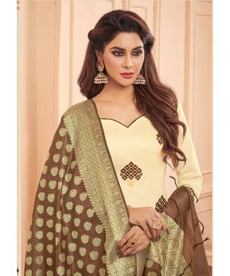 Sangam Prints Beige Glace Cotton Embroidered Unstitched Dress Material 2