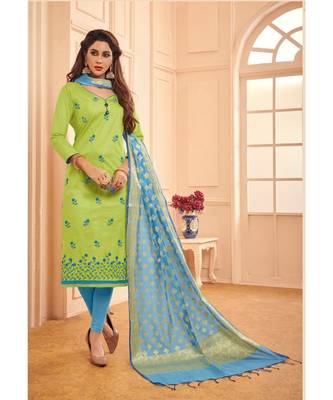 Sangam Prints Green Glace Cotton Embroidered Unstitched Dress Material 1