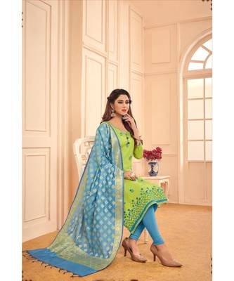 Sangam Prints Green Glace Cotton Embroidered Unstitched Dress Material 2