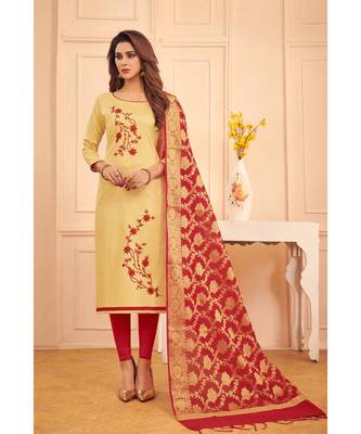 Sangam Prints Beige Glace Cotton Embroidered Unstitched Dress Material 1
