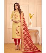 Sangam Prints Beige Glace Cotton Embroidered Unstitched Dress Material