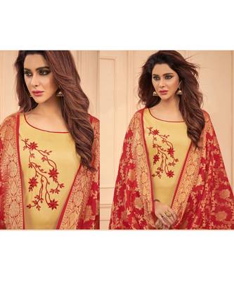 Sangam Prints Beige Glace Cotton Embroidered Unstitched Dress Material 2