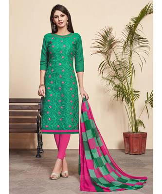Sangam Prints Green Cotton Jacquard Embrodiery Unstitched Dress Material 1