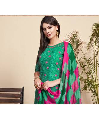 Sangam Prints Green Cotton Jacquard Embrodiery Unstitched Dress Material 2