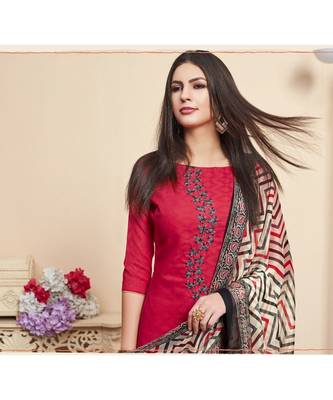 Sangam Prints Red Cotton Jacquard Embrodiery Unstitched Dress Material 2