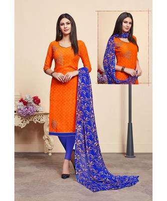 Sangam Prints Orange Cotton Jacquard Embrodiery Unstitched Dress Material 1