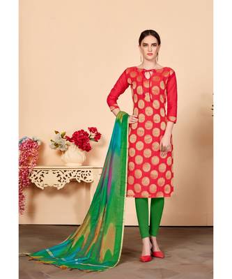 Sangam Prints Peach  Banarasi Silk Woven Unstitched Dress Material 1