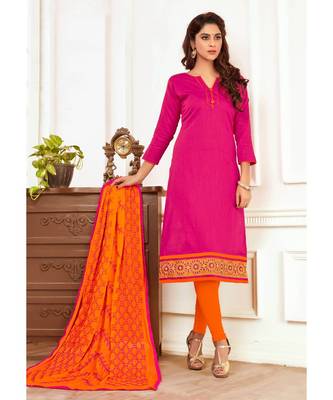 Sangam Prints Pink Slub Cotton Embrodiery Unstitched Dress Material 1