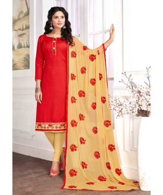 Sangam Prints Red Cotton Butti Embrodiery Unstitched Dress Material 1