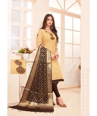 Sangam Prints Beige Slub Cotton Hand Work Unstitched Dress Material 1