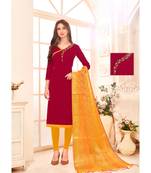 Sangam Prints Maroon Slub Cotton Hand Work Unstitched Dress Material