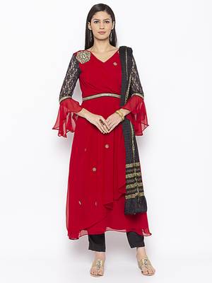 Red embroidered georgette salwar 1