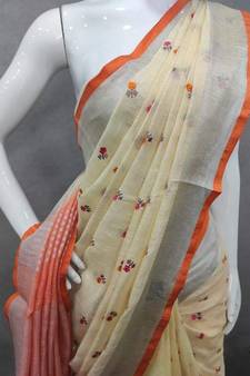 Handcrafted linen saree with small flower embroidery work