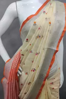 Handcrafted linen saree with small flower embroidery work