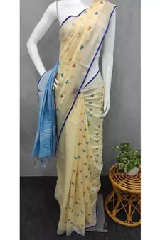 Handcrafted linen saree with small flower embroidery work