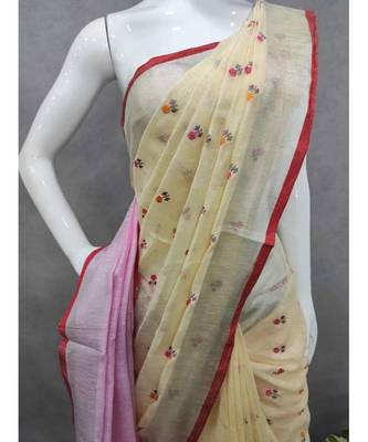 Handcrafted linen saree with small flower embroidery work 1