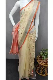 Handcrafted linen saree with small flower embroidery work