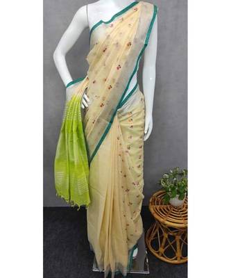 Handcrafted linen saree with small flower embroidery work 1